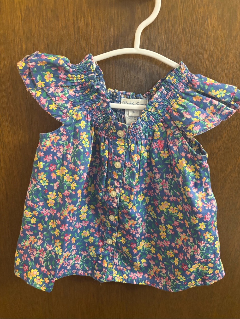 Ralph Lauren Blue Floral Smocked Shoulder Button-Front Top